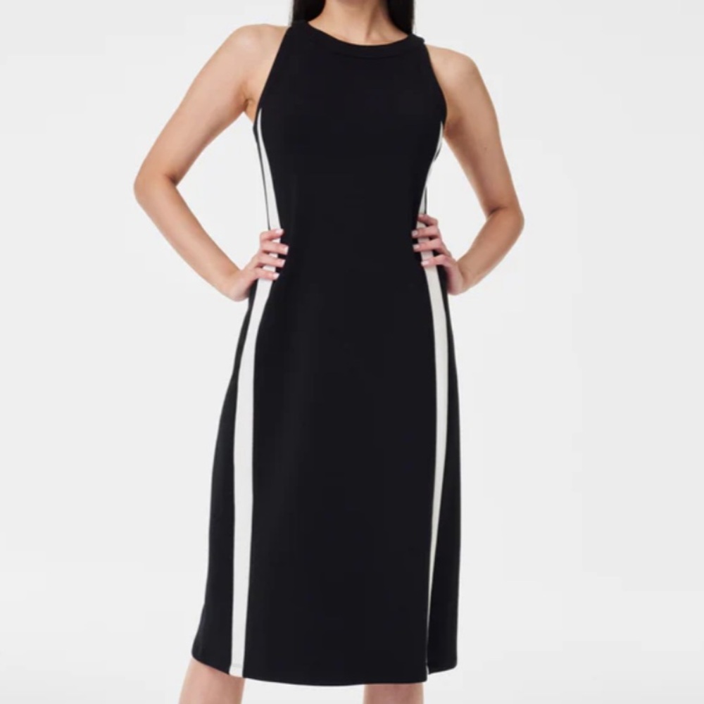SPANX Black Midi Dress with White Side Stripes